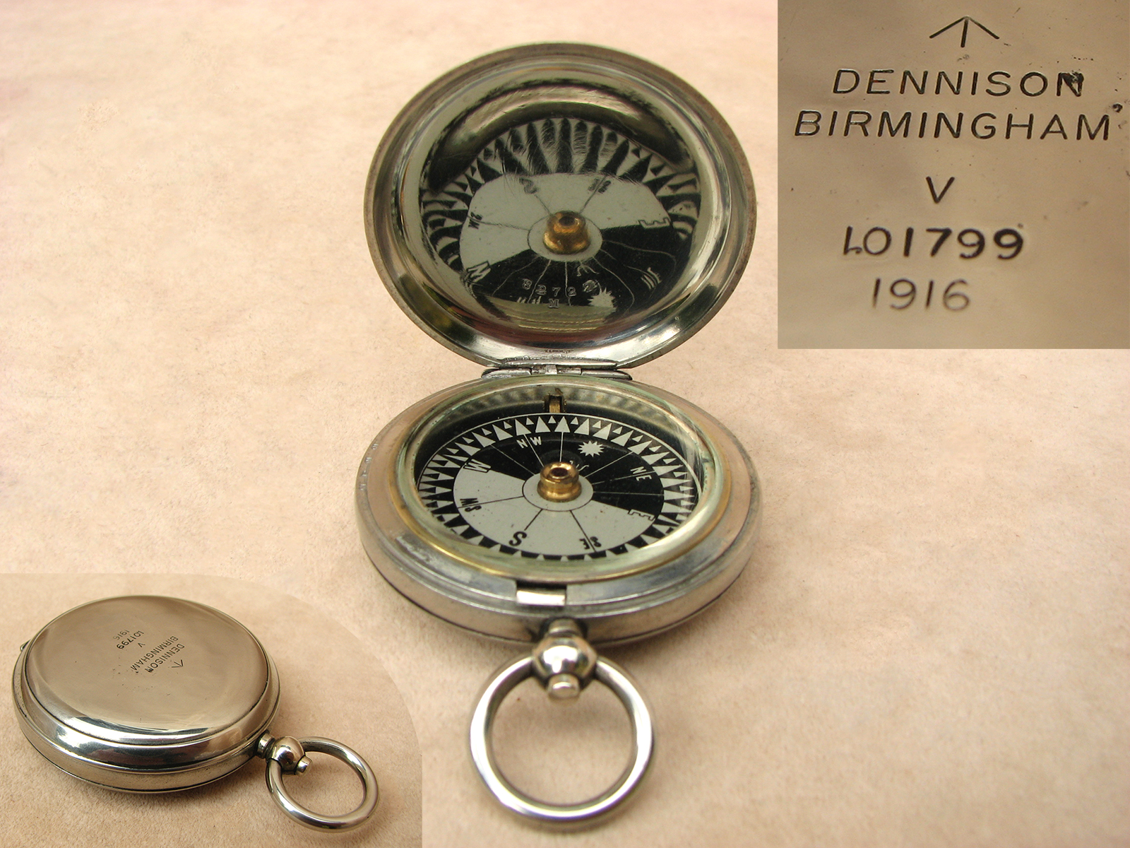 WW1 Dennison MK V pocket compass with Singers Patent style dial dated 1916